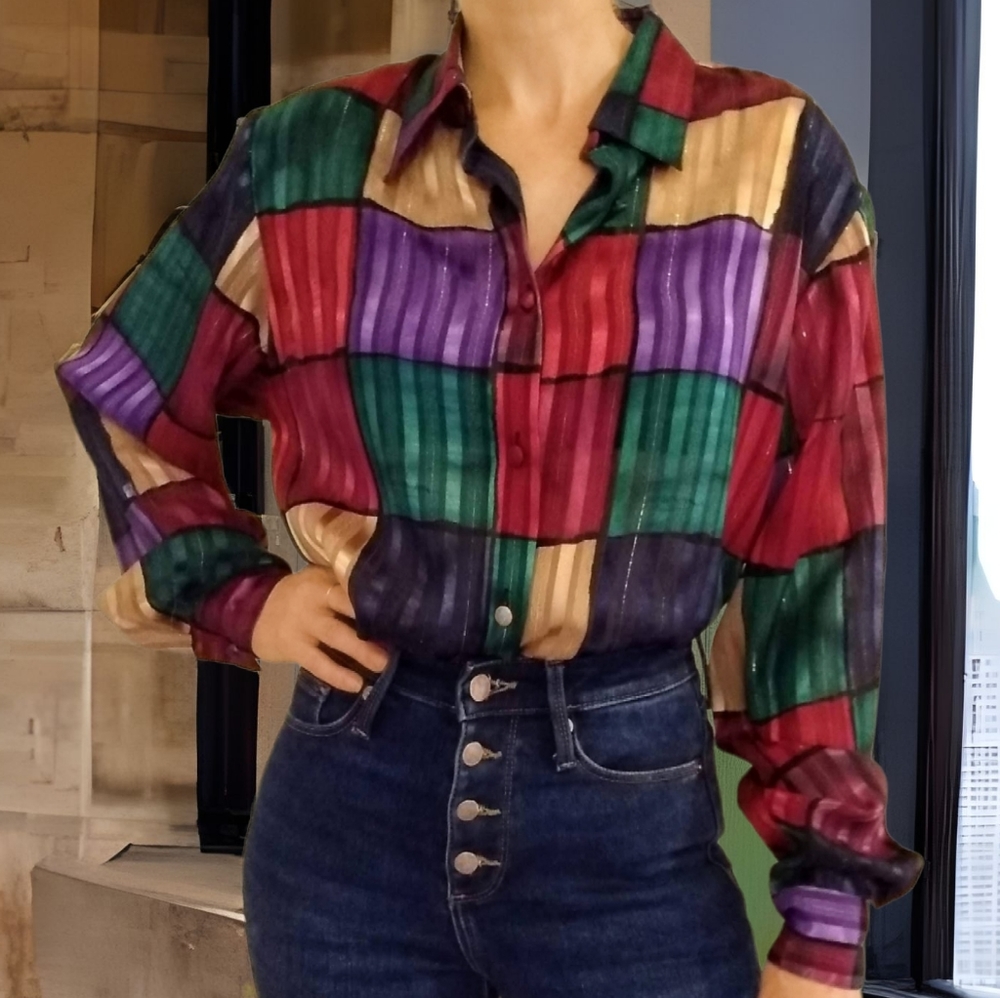 SOLD Vtg Shimmery Color Block Blouse - Picture 2 of 6